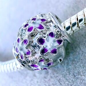 Purple White Enamel Flower Charm Bead fits PANDORA